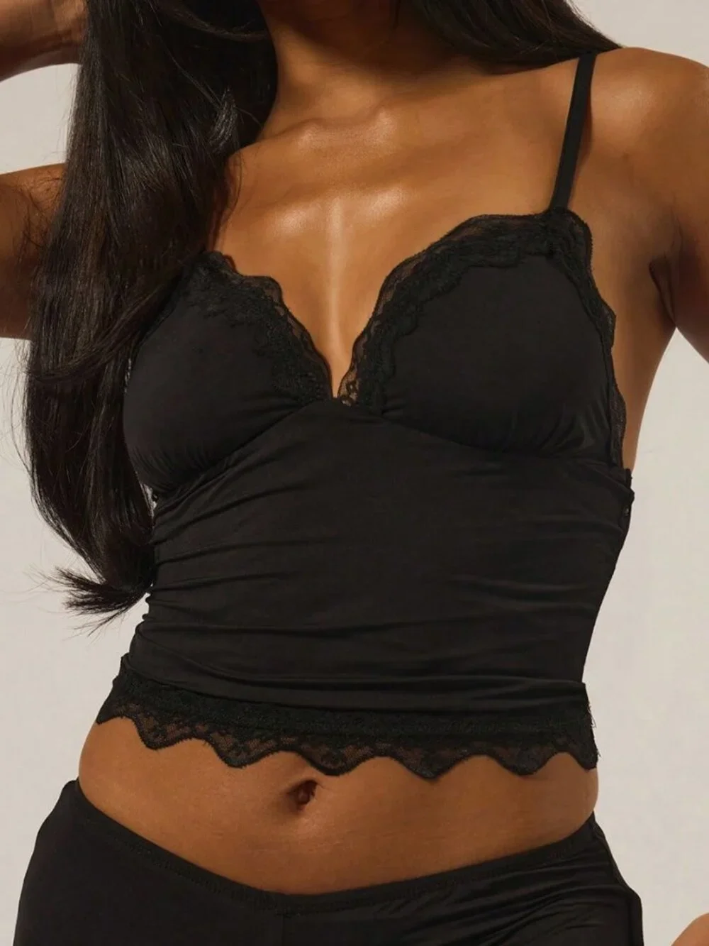 Black Sexy Women's Lace Trim Adjustable Strap Cami Top & Fitted shorts